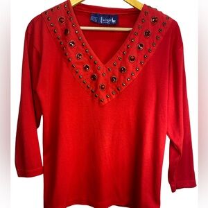 Le Choi’s Red Embellished V-Neck Top | Women’s Small | Shoulder Pads | Vintage